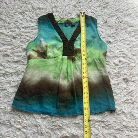 Saint Tropez West Womens Linen Sleeveless Green & Blue Tie Dye Summer Blouse SM - Picture 9 of 11